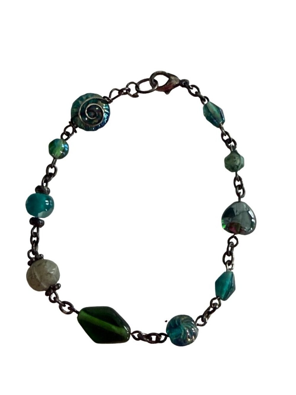 Vintage Style Green Teal Mixed Bead Bracelet Boho Artisan Spiral Glass 8 Inch